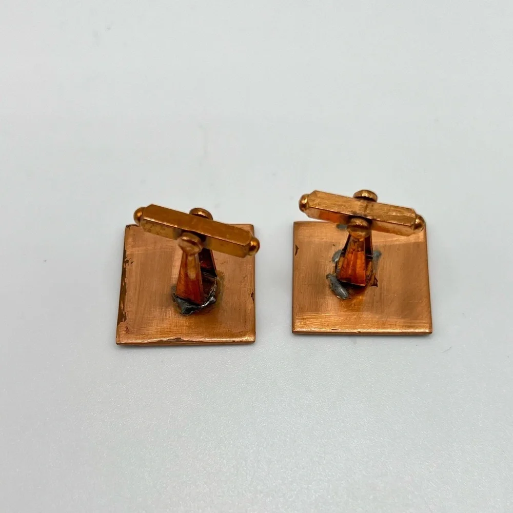 Vintage Copper Enamel Handmade Cuff Links Abstract Design